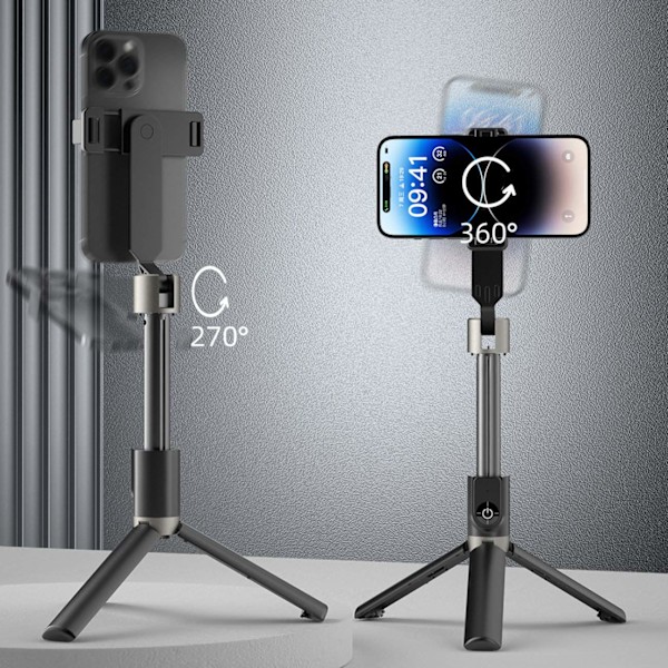 Selfie stick, teleskopisk selfie stick med stativ og BT F18W fjernbetjening, sort