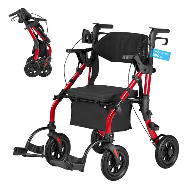 2-i-1 Rollator Walker Transportstol, Sammenklappelig 136 kg