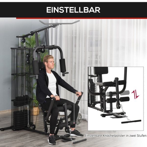Gym Multigym Fitnessstation Multigym Med Vikter, Lat Pull-Down & Leg Curl, Metall & Pu Syntetiskt Läder, Svart