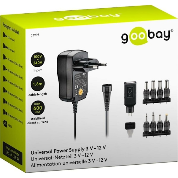 Miljövänlig universell strömförsörjning 600 mA 3-12 V med 8 DC + 1 USB-adapter strömkontakt