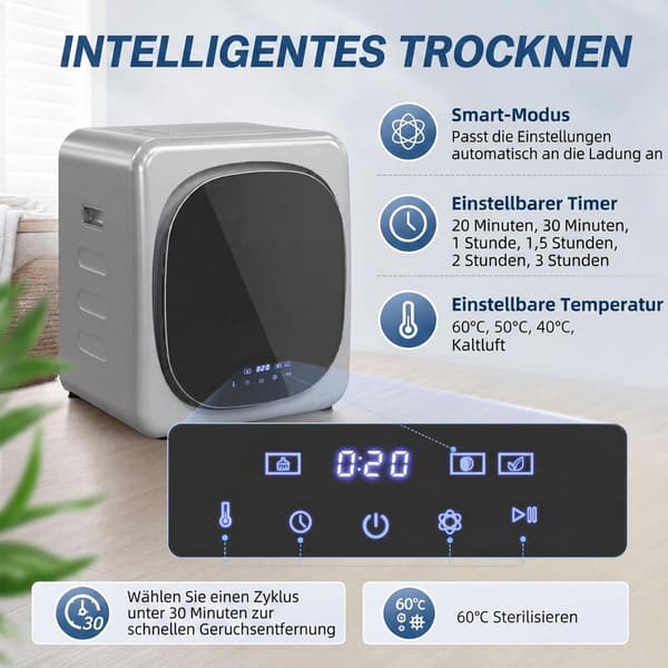 Kompakt 2,5 kg tørretumbler med ventilation, tromle i rustfrit stål, sølv