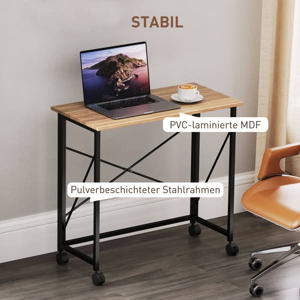 Fällbart skrivbord med hjul, platsbesparande, stål, MDF, ek