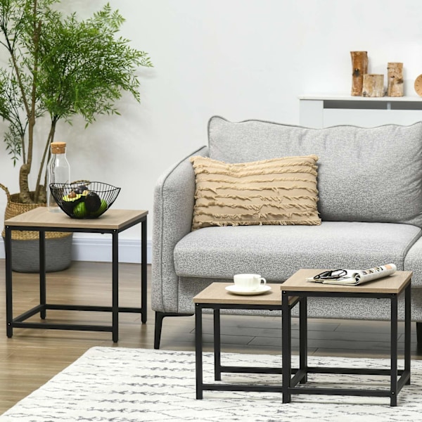 Set med 3 soffbord, sidobord, kapsbord med stålram, soffbord, soffbord, vardagsrumsbord med trälook, naturligt