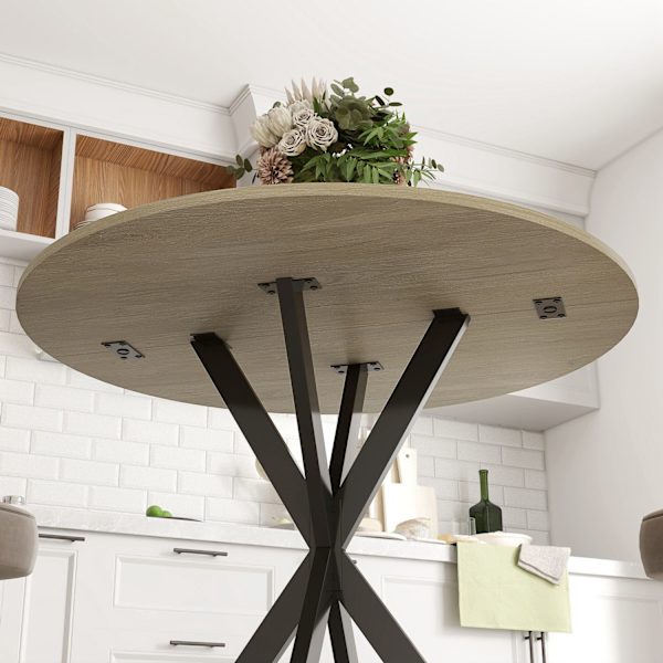 Pyöreä keittiöpöytä, 80 cm, kompakti pöytälevy, lastulevy, metalli, valkoinen tammi+musta
