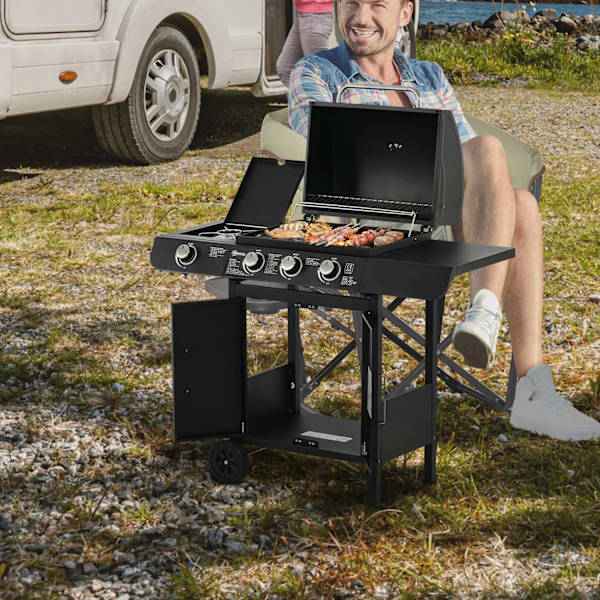 Kaasugrilli Bbq Grill Cart 3 Polttimella 1 Sivupoltin Paineenalennusletkut Kaappi Monitoimi Teräs Musta 110 X 50 X 100 Cm