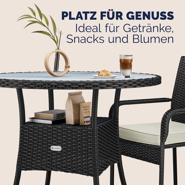 Rattan bistrobord, sort, 80 cm, glasplade, UV-bestandig