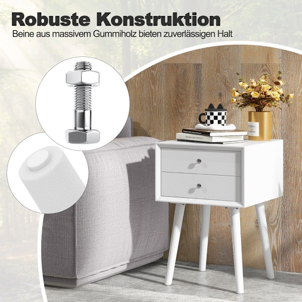 Sengebord med 2 skuffer Lille sidebord i træ 40 x 40 x 59,5 cm hvid