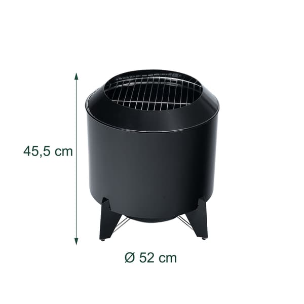 Lav-røg bålskål & grill, stål, sort, 46x52 cm