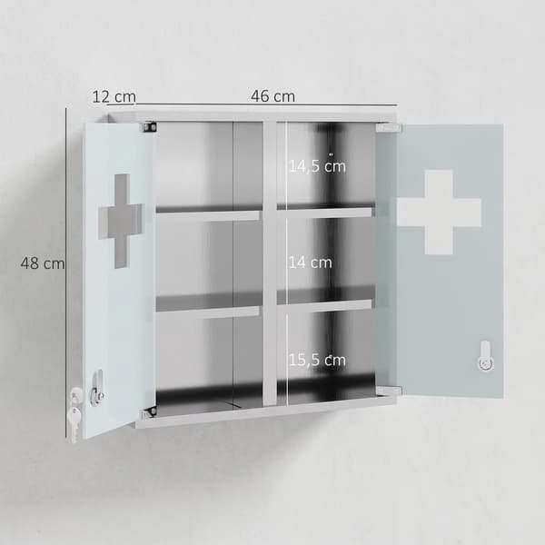 Låsbart medicinskåp, glasdörr, 6 hyllor, silver