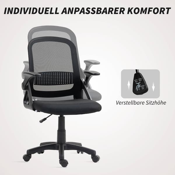 Ergonomisk kontorstol i net med foldbare armlæn, sort