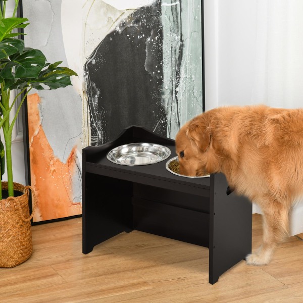 Højdejusterbar Hundeskål, Foderstation Med Skål I Rustfrit Stål, Til Hunde Og Katte, Mdf, Mørkebrun, 54X31,5X47Cm