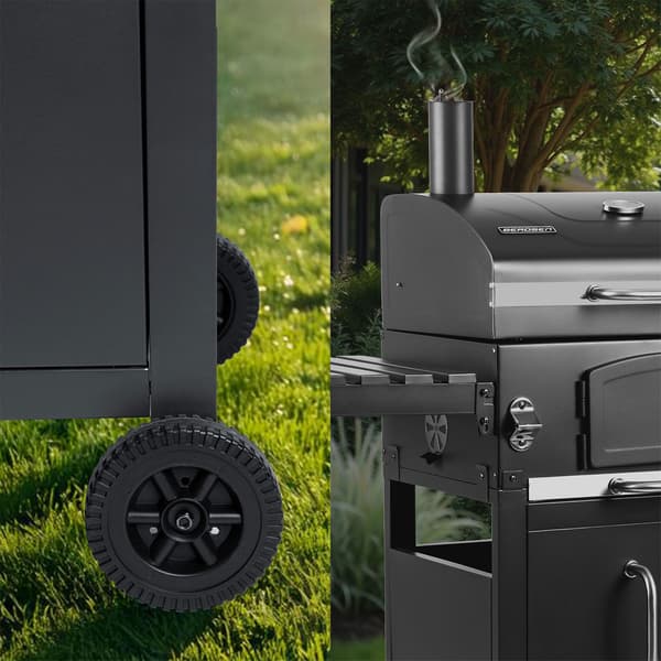 Kulgrill med skorsten, støbejernsrist, termometer