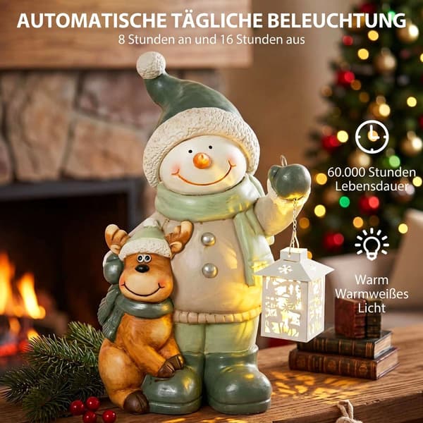 Snögubbefigur 43 cm med LED-lykta och timer