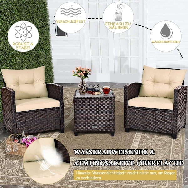 3-delt terrassesæt udendørs rattan sæt havemøbler rattan med sædehynde & sofabord gul + brun