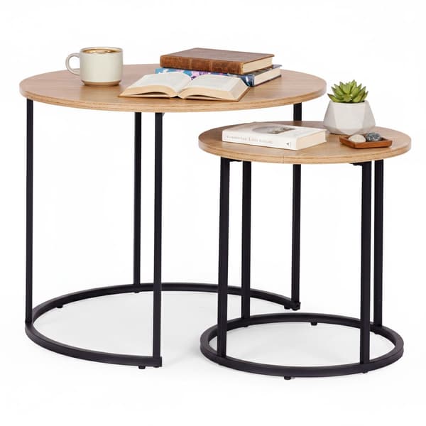 Runda soffbord, set om 2, ljus ek, metallram