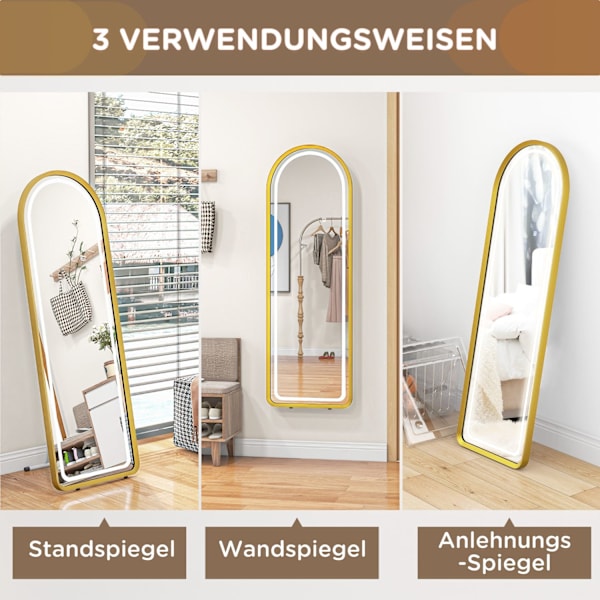 Fuldlængde Spejl Med Led Lys Vægspejl, Stående Spejl, Dæmpbart, Garderobespejl Med Touch Switch, Guld, 47X146 Cm
