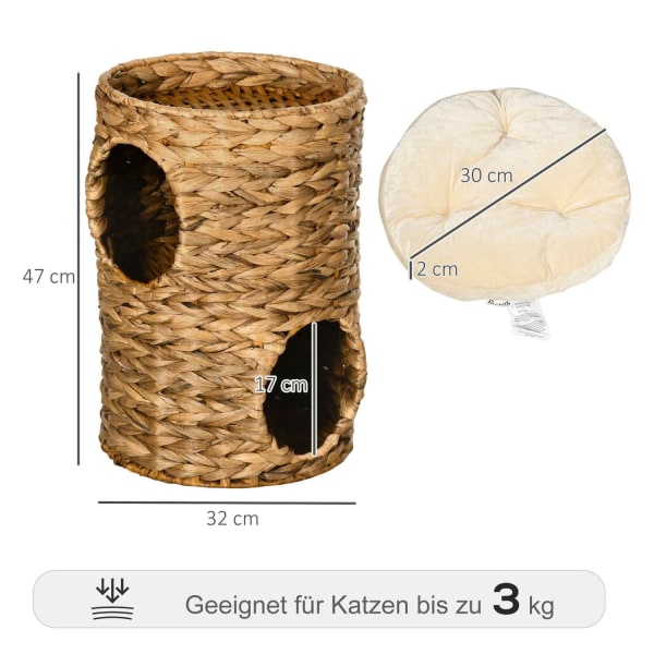 Kradse Tønde 47 Cm Med 2 Niveauer Kattetårn Med Pude, Lavet Af Vandhyacint & Stål, Lysebrun