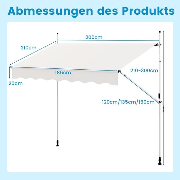 Infällbar balkongmarkis, 200 cm, borrfri, UV-beständig