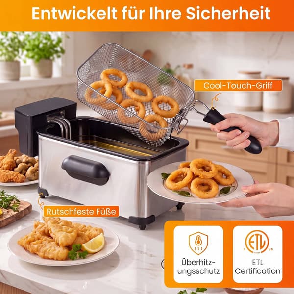 3L elektrisk frituregryde i rustfrit stål, 2000W, timer