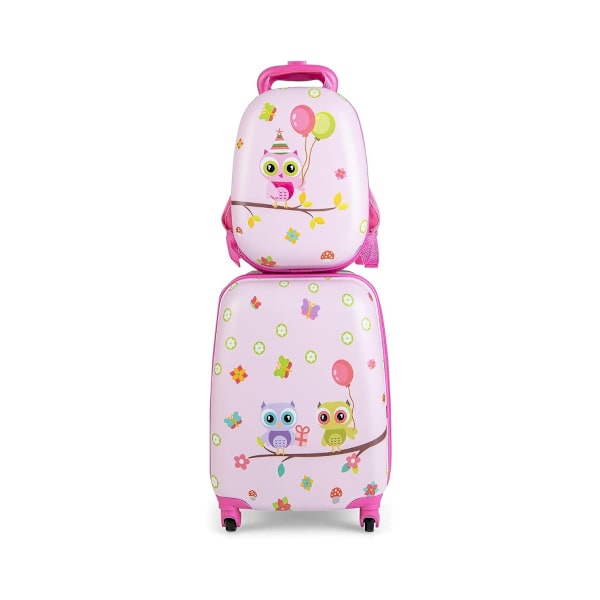 2-osainen lasten matkalaukku + reppu muovista lastenvaunut 12"+16" pink linnut