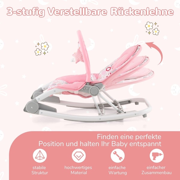 2 i 1 Baby Rocker hopfällbar bärbar babygunga med 3 nivås justerbart ryggstöd Rosa