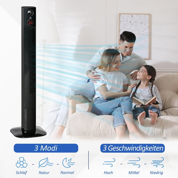 Tower Ventilator Søjleventilator Med Fjernbetjening, Aroma Diffuser, Timer, 3 Niveauer, 45W, 70° Oscillation, Sort