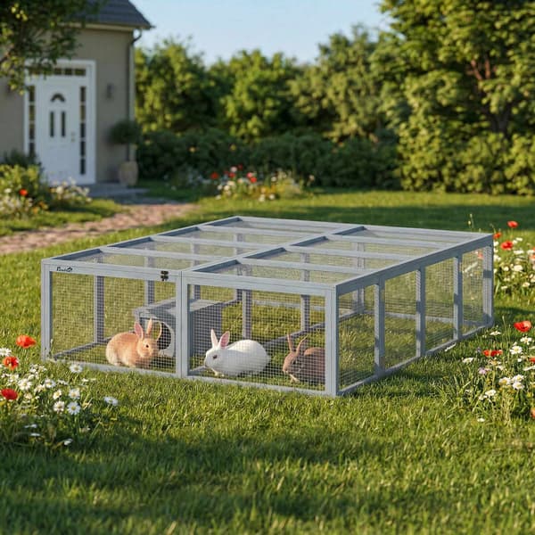 Kaninbur med stor gård, modulär design, grått trä