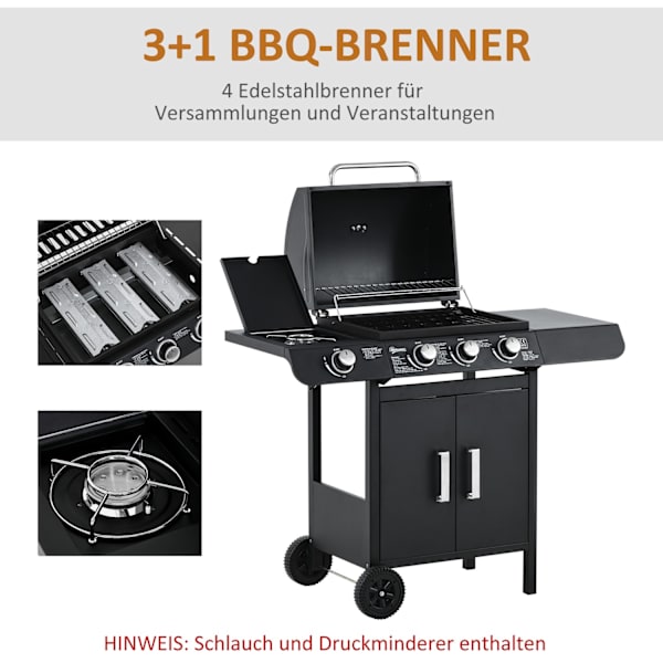 Kaasugrilli Bbq Grill Cart 3 Polttimella 1 Sivupoltin Paineenalennusletkut Kaappi Monitoimi Teräs Musta 110 X 50 X 100 Cm