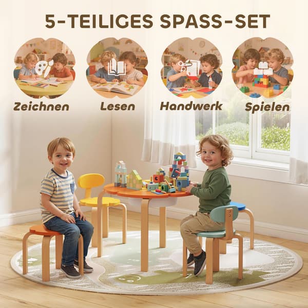 Børnebord og stolesæt, 5 dele, blomsterformet, træ