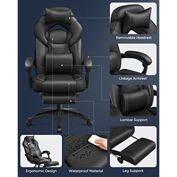 Ergonominen musta pelituoli, jossa jalkatuki ja ristiselän tuki