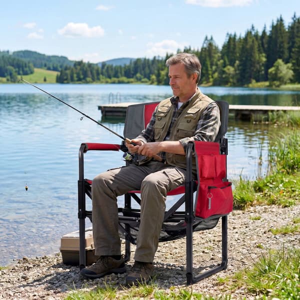 Kraftig campingstol med mugghållare och sidoficka