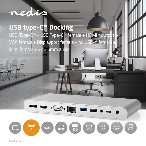 USB Docking Station | USB 3.2 Gen 1 | USB-C™ Han | DisplayPort Hun / HDMI™ Hun / RJ45 Hun / VGA Hun / 2 x 3.5 mm Hunstik / 2x USB-C™ / 4x USB-A | 0.20