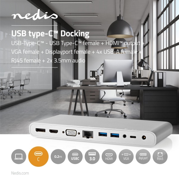 USB Telakointiasema | USB 3.2 Gen 1 | USB-C™ Uros | DisplayPort Naaras / HDMI naaras / RJ45 Naaras / VGA Naaras / 2x 3.5 mm naaras / 2x USB-C™ / 4x US
