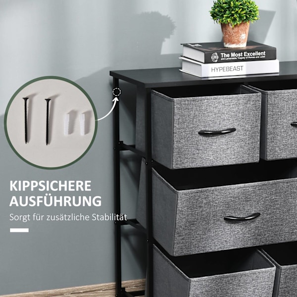 Kommode med 8 skuffer af stof, opbevaringsskab, kommode med greb, metalstel, moderne design skab til soveværelse, stue, mørkegrå Aosom