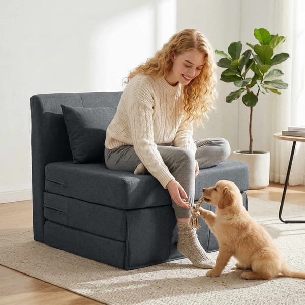 Konvertibel bäddsoffa med linnestruktur, mörkgrå