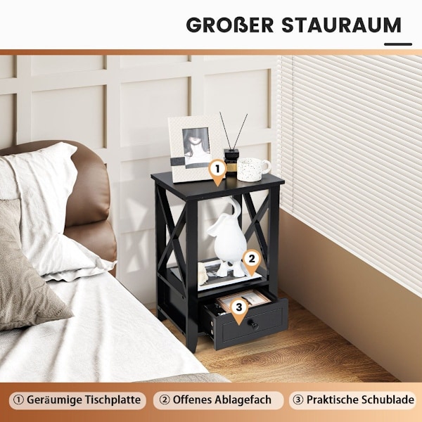 2 plan sengebord med skuffe sidebord træ 40 x 30 x 61,5 cm sort