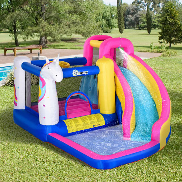 Hoppborg Med Blåsare Och Rutschkana Pool För 4 Barn Uppblåsbart Hoppslott För 3-8 År Barn Utomhus Vattenpark Oxford Polyestertyg