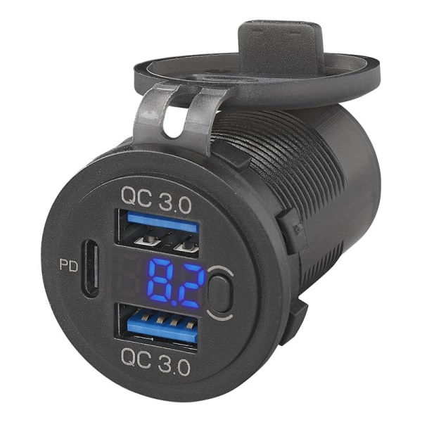 USB-uttag trippel med 2x typ A och 1x typ C + voltmeter