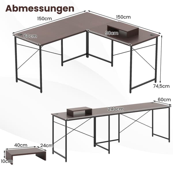 L-format vändbart skrivbord med laddningsstation, brunt