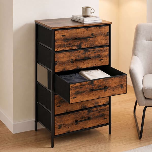 Industriel sort kommode med 5 stofskuffer, 94x45x30 cm