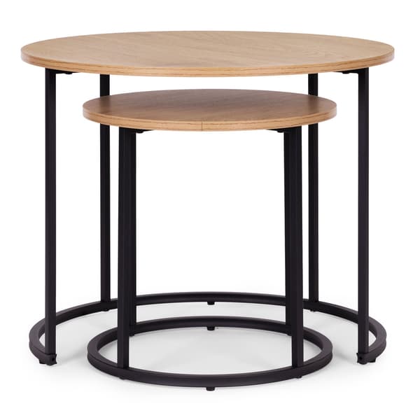 Runda soffbord, set om 2, ljus ek, metallram