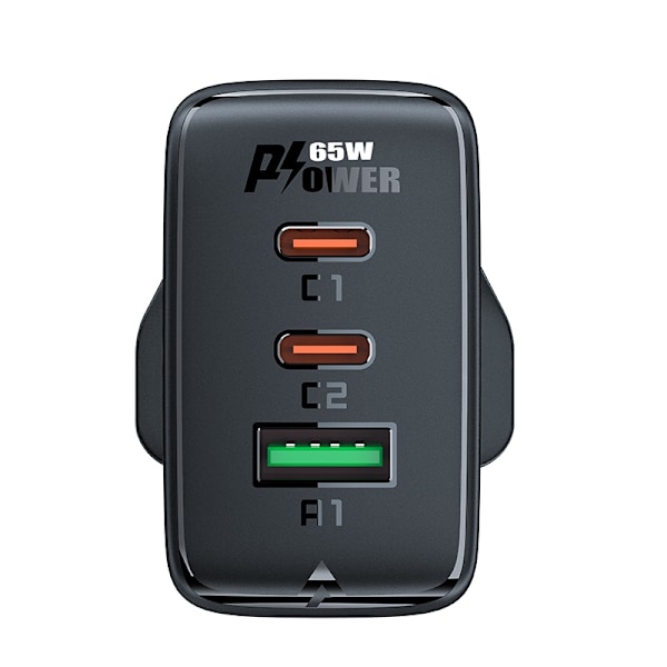Nätladdare Engelsk kontakt UK GaN 65W 1x USB 2x USB-C PD svart
