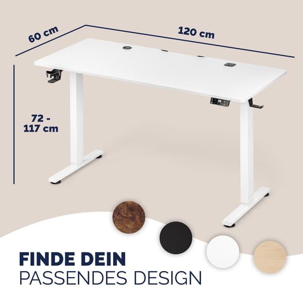 Højdejusterbart skrivebord, hvidt, 120x60 cm, USB-porte