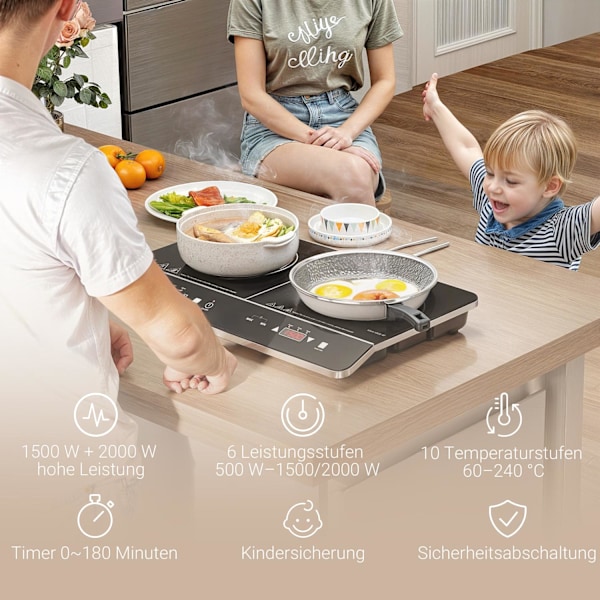 Induktionshäll häll 2 plattor bärbar induktionshäll med 8 effektnivåer och 10 temperaturnivåer, 3500 W, barnsäkerhetslås, timer, svart