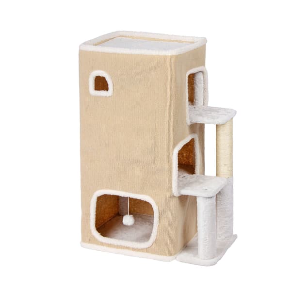 Katthus med 3 våningar, sisalstolpe och leksak - Beige