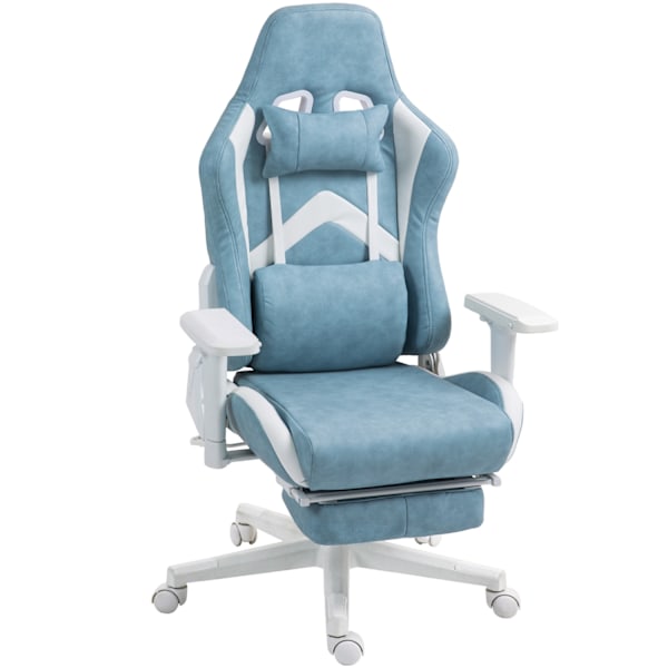 Gamingstol med lænefunktion, højdejusterbar skrivebordsstol med hoved- og lændepuder, ergonomisk gamingstol med udtrækbar fodstøtte, kunstlæder, op ti