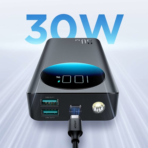 Powerbank taskulampulla 30W 20000mAh + USB-A - USB-C kaapeli 25cm musta