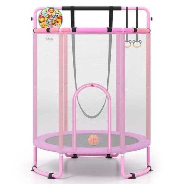 Børne 6-i-1 trampolin med gynge og træningsstang, lyserød