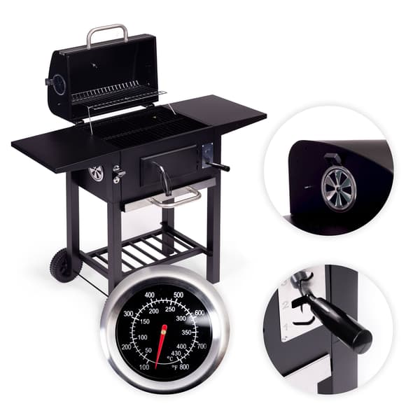 Trädgårdsgrill med kol, lock, justerbart galler, termometer