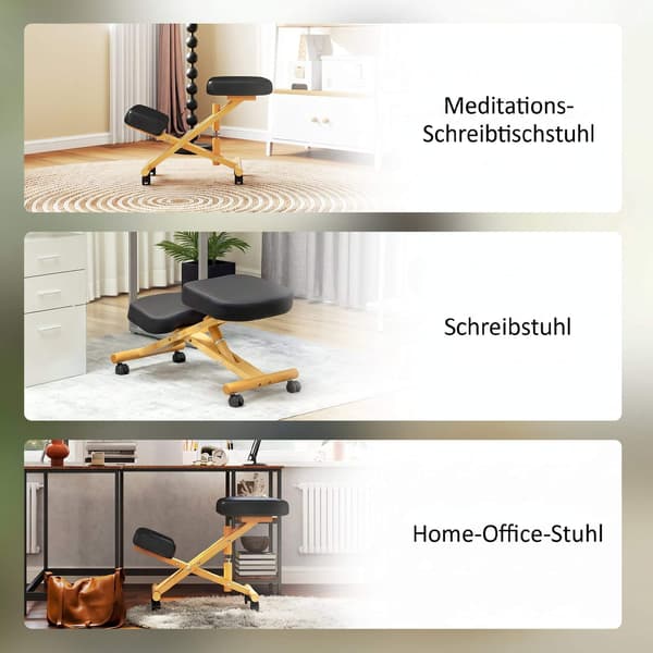 Ergonominen polvistuva tuoli pyörillä, musta, vaahtomuovipehmuste